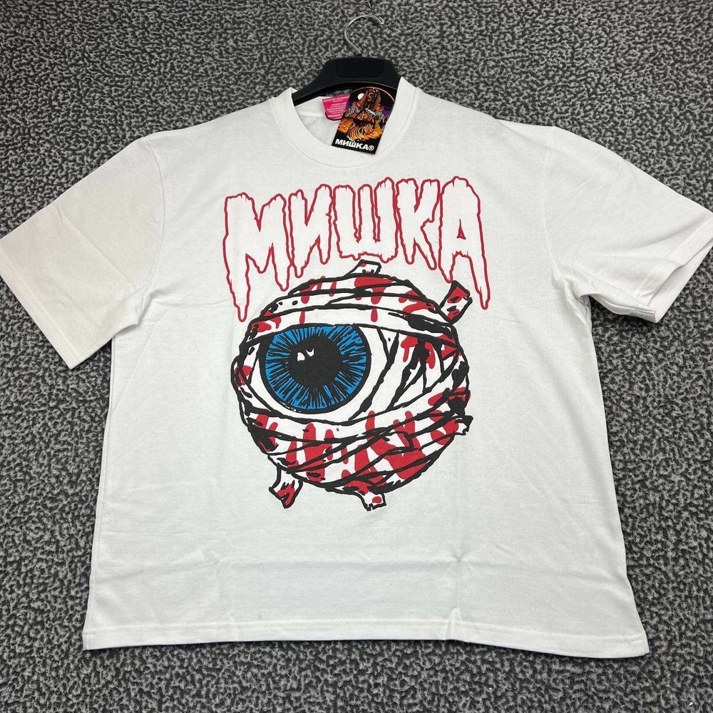 Mishka Keep Watch Mummy Eyeball Graphic Shirt Men Large White Short Sleeve L